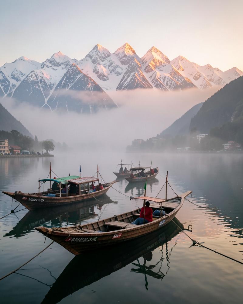 Houseboats on a still lake in Kashmir
