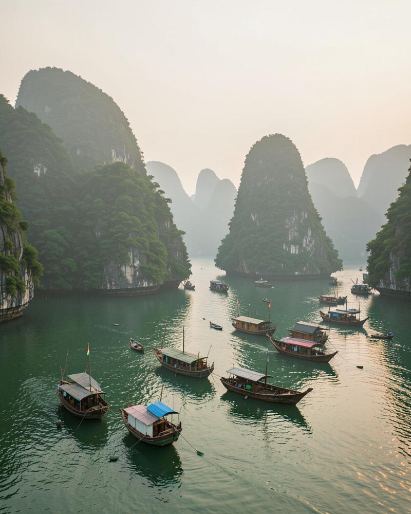 Limestone karsts rising from the water in Vietnam